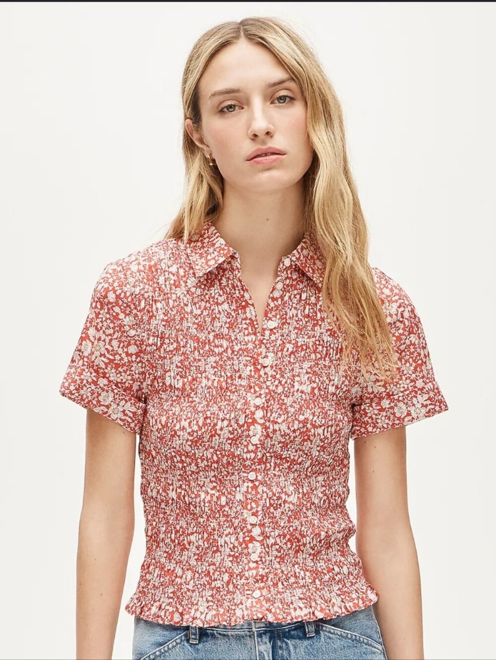 J. Crew Made With Liberty Fabric Smocked Short Sleeve Button-Up Floral Top